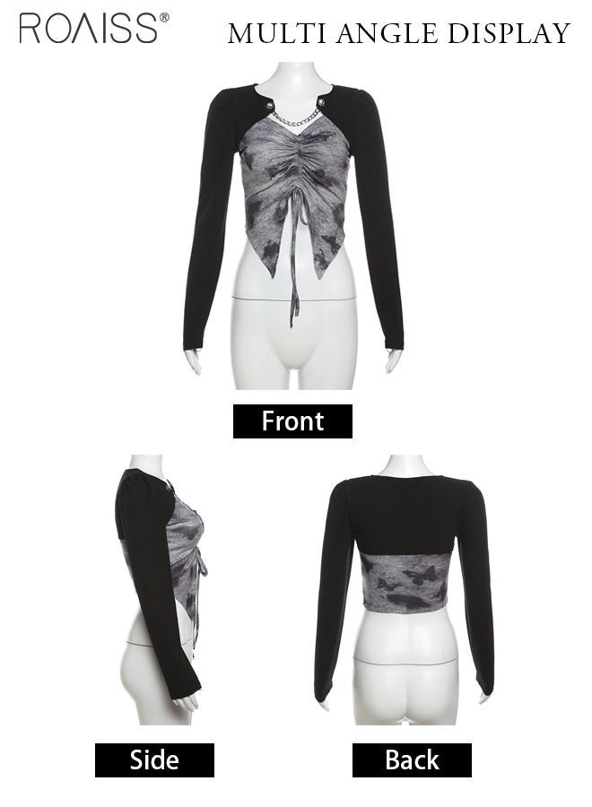 roaiss بلوزة عصرية من قماش مرقع للنساء متعددة الاستخدامات للتنقل اليومي، تي شيرت بحاشية غير منتظمة مع رباط قابل للتعديل، بلوفر يكشف عن منطقة البطن - Image 4